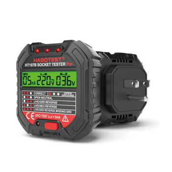 HT107B US версия: Тестер за гнезда с LCD дисплей и подсветка; проверка за утечки, фазова последователност и правилно окабеляване на нула/фаза/земя; AC 90–250V, 45–65Hz; GFCI тест >5mA