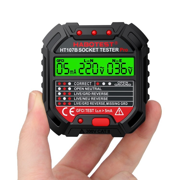 HT107B US версия: Тестер за гнезда с LCD дисплей и подсветка; проверка за утечки, фазова последователност и правилно окабеляване на нула/фаза/земя; AC 90–250V, 45–65Hz; GFCI тест >5mA