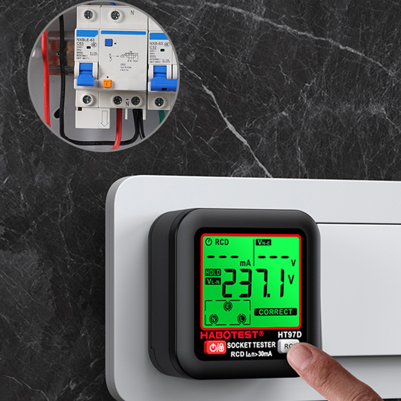 HABOTEST HT97BDE ψηφιακός δοκιμαστής πρίζας με οθόνη, ανίχνευση διαρροών και πολυλειτουργικός έλεγχος φάσης