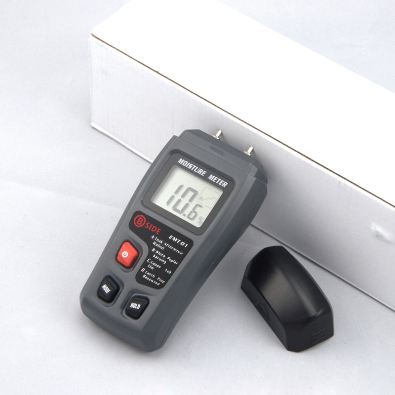 EMT01 Tűtípusú fa nedvességmérő – mérési tartomány 0–99,9%, pontosság 0,5%, tápegység 9V.