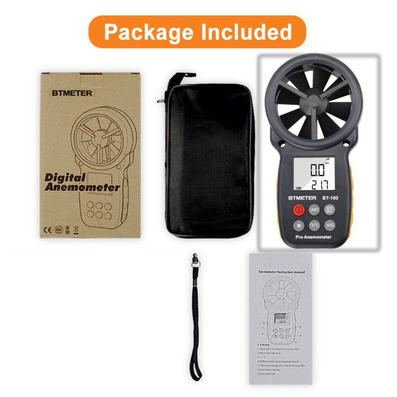 BT-100 цифров ръчен анемометър, измерва скоростта на вятъра до 30 и температура