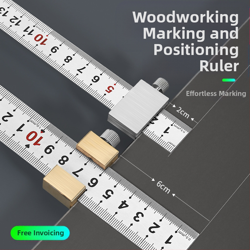 Стоманено правило с позиционен блок за дървообработване – Bunter, 300 мм, локатор за маркиране