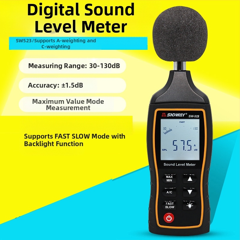 Ψηφιακός μετρητής θορύβου SW523/524, εύρος 30-130 dB, ακρίβεια ±1,5 dB, ανάλυση 0,1 dB, λειτουργική θερμοκρασία 0-40°C