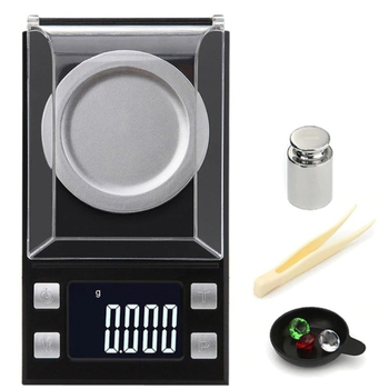 Elektroninės karatų svarstyklės juvelyriniams, tikslumas 0,001 g, talpa 100 g, elektroninis matavimas, maitinamos 2x AAA baterijomis