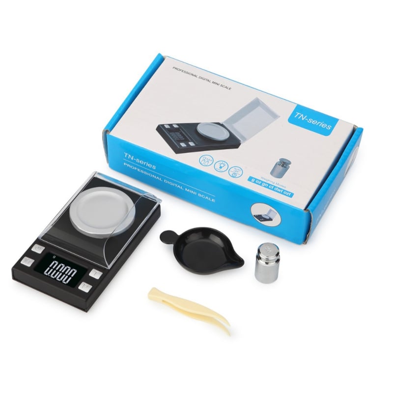 Elektroninės karatų svarstyklės juvelyriniams, tikslumas 0,001 g, talpa 100 g, elektroninis matavimas, maitinamos 2x AAA baterijomis