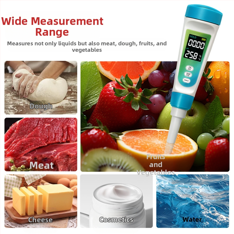 Портативен pH измервател с стъклен електрод, цифров дисплей, диапазон 0–14 pH, точност 0,01 pH, температурна компенсация 0–60 °C