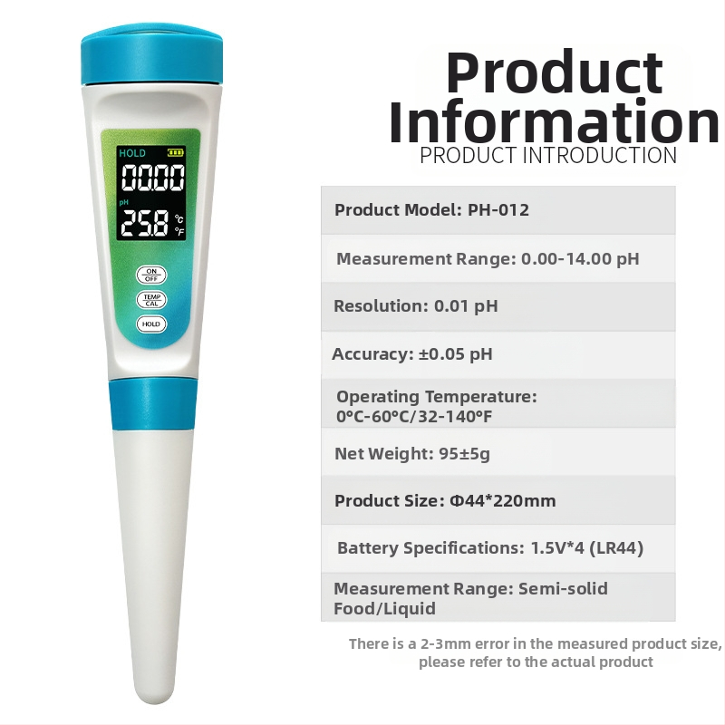 Портативен pH измервател с стъклен електрод, цифров дисплей, диапазон 0–14 pH, точност 0,01 pH, температурна компенсация 0–60 °C