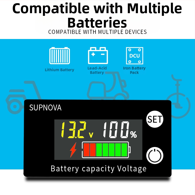 LCD волтметър за електрически мотоциклет 8–100V, дисплей, индикатор за напрежение, съвместим с оловно-кисели и литиеви батерии