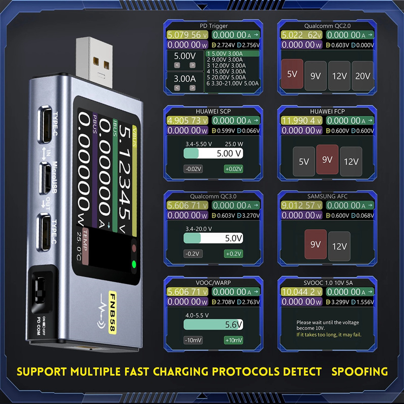 Type-C daugiafunkcinis greito įkrovimo testeris FNIRSI-FNB58, USB įtampos ir srovės matuoklis, QC/PD palaikymas