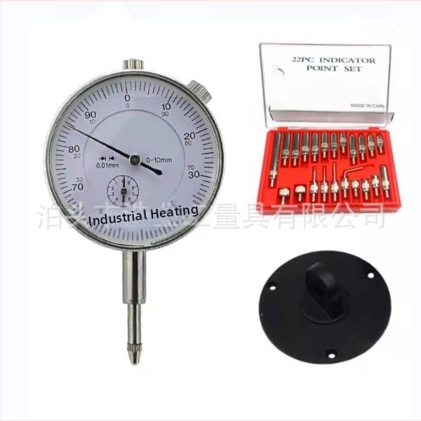 Dial indikatoria komplektas 0-10 mm diapazonui, 0.01 mm rezoliucija, 22 dalys, mechaninė komplektas su zondais