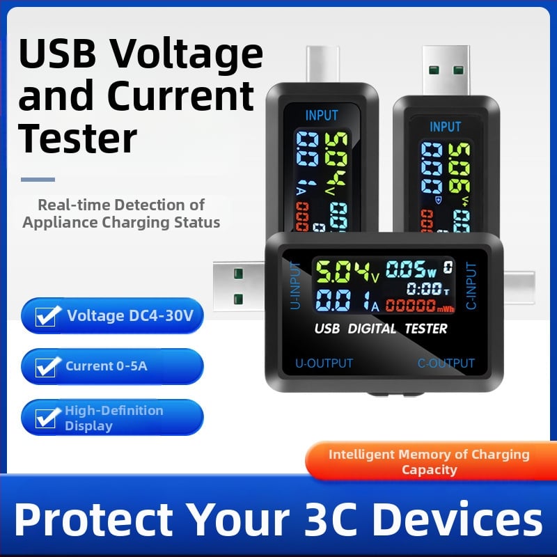 USB įtampos ir srovės matuoklis su skaitmeniniu ekranu, talpos testeris ir išorinis maitinimo detektorius (Įėjimo įtampa: 4.5–36 V; Aplinkos temperatūra: 10–60 °C; Svoris: 19.8 g)