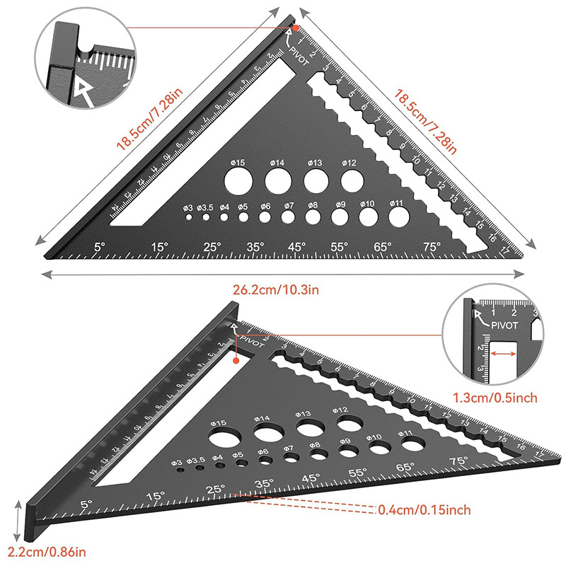 Дърводелски триъгълник от алуминиева сплав с 90° и 45° ъгли, високопрецизен измервателен инструмент