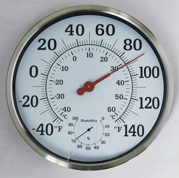 Измервател на температура и влажност – корпус от неръждаема стомана с тънък ръб; температура ±2°C, влажност ±7%, резолюция 2
