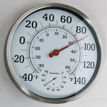 Измервател на температура и влажност – корпус от неръждаема стомана с тънък ръб; температура ±2°C, влажност ±7%, резолюция 2