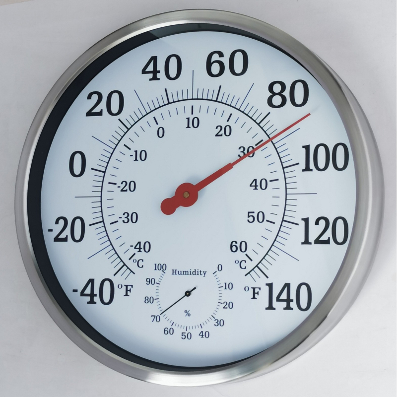 Измервател на температура и влажност – корпус от неръждаема стомана с тънък ръб; температура ±2°C, влажност ±7%, резолюция 2