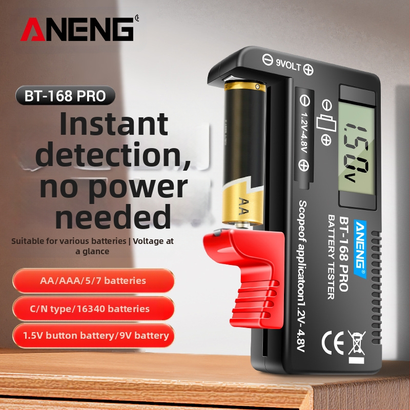 ANENG BT-168 PRO skaitmeninis baterijų testeris 18650 — įtampos diapazonas 1.2–4.8 V, vidinė varža 10, temperatūra 40