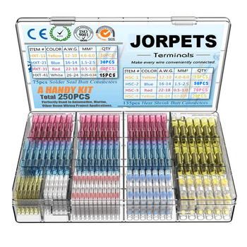 Комплект термоусадъчни терминали с припойни пръстени и средна тръба — 640 бр., пластмасова конструкция, температурна устойчивост 105, устойчивост на напрежение 12