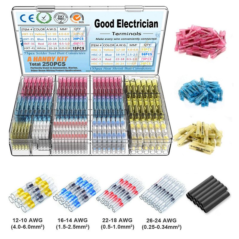 Комплект термоусадъчни терминали с припойни пръстени и средна тръба — 640 бр., пластмасова конструкция, температурна устойчивост 105, устойчивост на напрежение 12