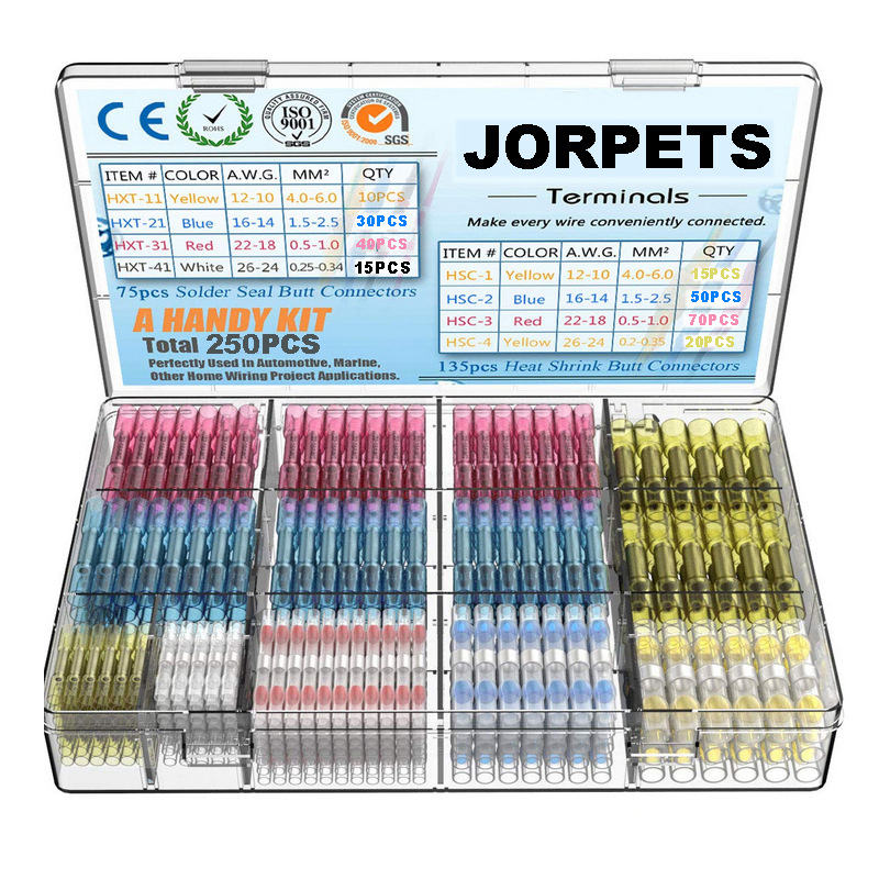 Комплект термоусадъчни терминали с припойни пръстени и средна тръба — 640 бр., пластмасова конструкция, температурна устойчивост 105, устойчивост на напрежение 12