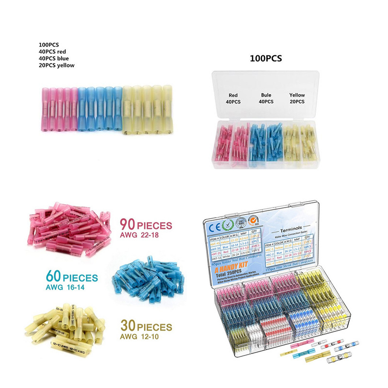 Комплект термоусадъчни терминали с припойни пръстени и средна тръба — 640 бр., пластмасова конструкция, температурна устойчивост 105, устойчивост на напрежение 12