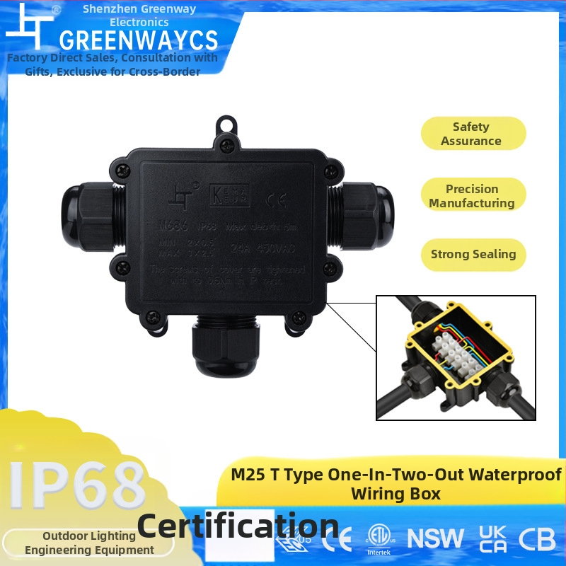 Triju vadības ūdensnecaurlaidīga savienojumu kastīte ārējai apgaismošanai – liesmu izturīga, plastmasas T formas kabelu kaste, 0,5–4,0 mm²