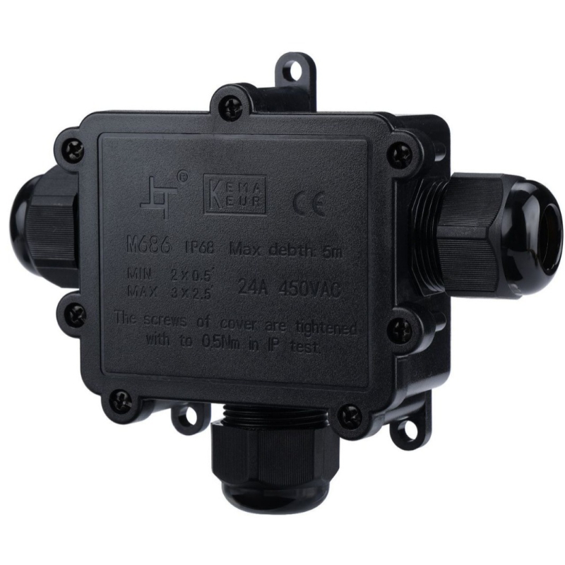 Triju vadības ūdensnecaurlaidīga savienojumu kastīte ārējai apgaismošanai – liesmu izturīga, plastmasas T formas kabelu kaste, 0,5–4,0 mm²