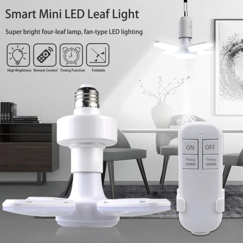 Мини сгъваема LED лампа с дистанционно, 4 листа, E27 държач, ABS корпус + PC абажур, захранване 85-265V, за дом, хотел, склад, работилница, гараж