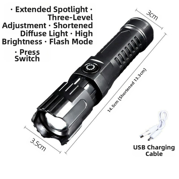 Φορτιζόμενος LED φακός με ζουμ δέσμη, μπαταρία 1200mAh, USB φόρτιση, 360° περιστροφή, εμβέλεια άνω των 500 m