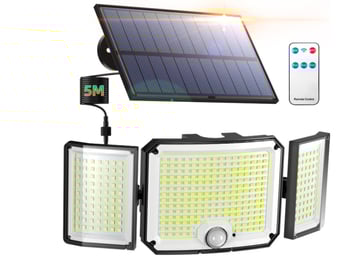 Соларна стенна лампа за сигурност с триглавна конструкция, IP65, 6W, 3.7V, индуктивен превключвател, 12–16 часа осветяване