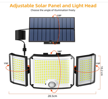 Соларна стенна лампа за сигурност с триглавна конструкция, IP65, 6W, 3.7V, индуктивен превключвател, 12–16 часа осветяване
