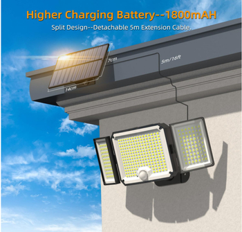 Соларна стенна лампа за сигурност с триглавна конструкция, IP65, 6W, 3.7V, индуктивен превключвател, 12–16 часа осветяване