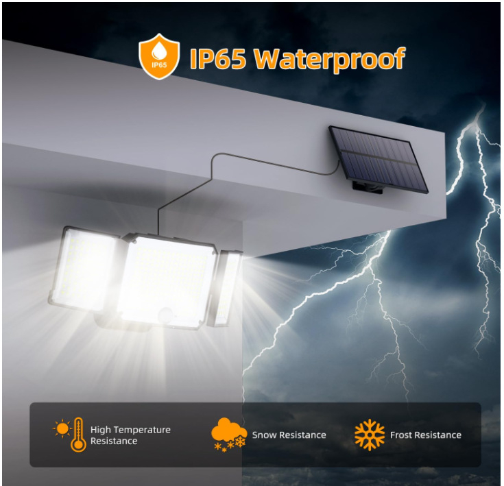 Соларна стенна лампа за сигурност с триглавна конструкция, IP65, 6W, 3.7V, индуктивен превключвател, 12–16 часа осветяване