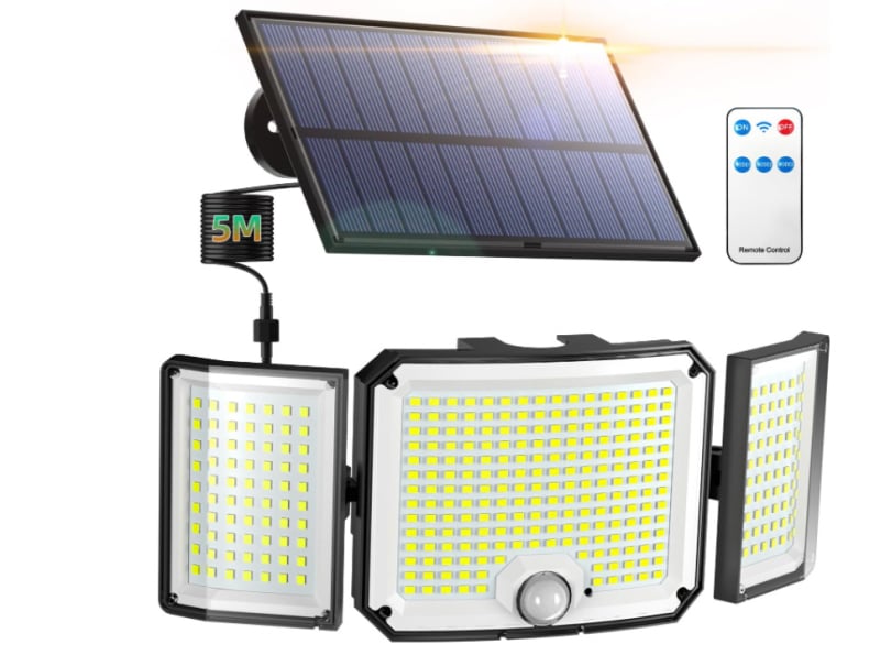 Соларна стенна лампа за сигурност с триглавна конструкция, IP65, 6W, 3.7V, индуктивен превключвател, 12–16 часа осветяване