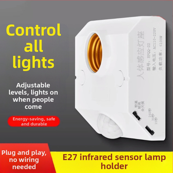 E27 lempos laikiklis su žmogaus kūno jutikliu ir šviesos jutikliu; išjungimo vėlavimas 10–300 s; skirtas koridoriams, garažoms, laiptams; įtampa 100–277 V AC