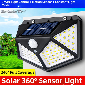 Lauko saulės LED sieninė lemputė su judesio jutikliu, IP55, 100 LED, 6500K, veikimo laikas 6–12 val.