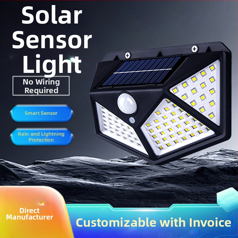 Lauko saulės LED sieninė lemputė su judesio jutikliu, IP55, 100 LED, 6500K, veikimo laikas 6–12 val.