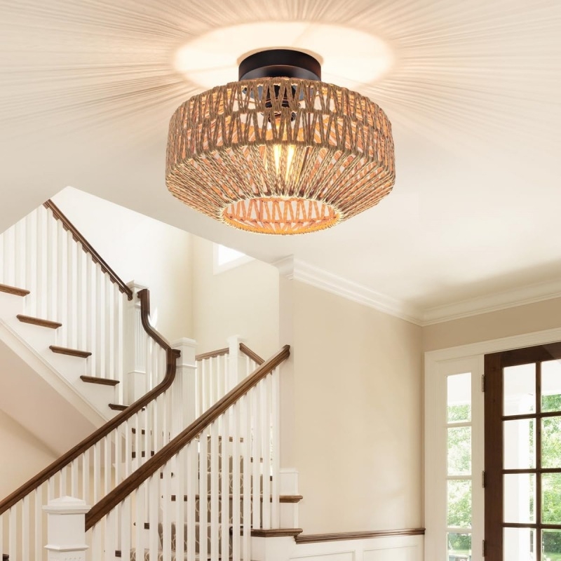 Οροφής λαμπτήρας σε αγροτικό στυλ με σκιά από σχοινί κάνναβης, λαμπτήρας πυρακτώσεως, κάλυψη 10–15㎡