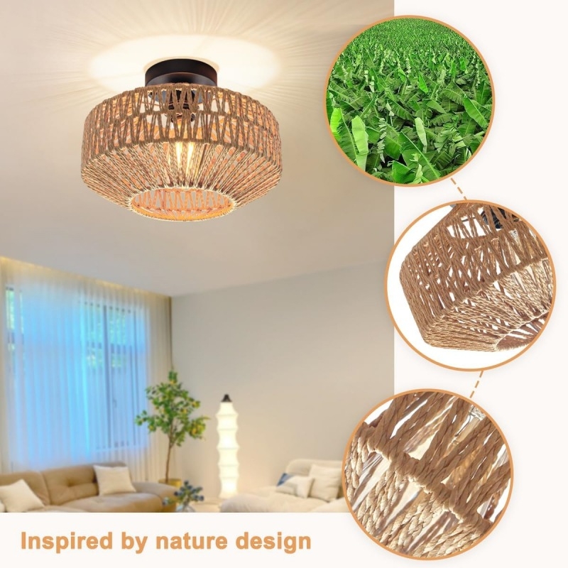 Οροφής λαμπτήρας σε αγροτικό στυλ με σκιά από σχοινί κάνναβης, λαμπτήρας πυρακτώσεως, κάλυψη 10–15㎡