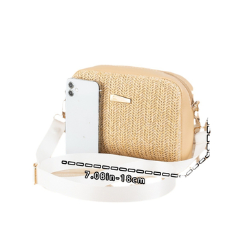Szalmából készült kagyló alakú táska, városi minimalist stílus, cipzáras zárás, poliészter bélés, mobiltelefon zsebbel
