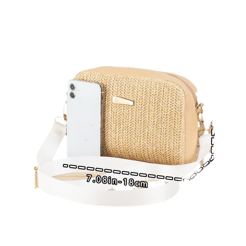 Szalmából készült kagyló alakú táska, városi minimalist stílus, cipzáras zárás, poliészter bélés, mobiltelefon zsebbel