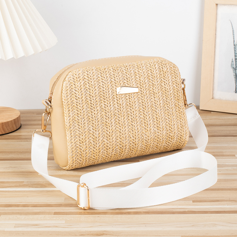 Szalmából készült kagyló alakú táska, városi minimalist stílus, cipzáras zárás, poliészter bélés, mobiltelefon zsebbel