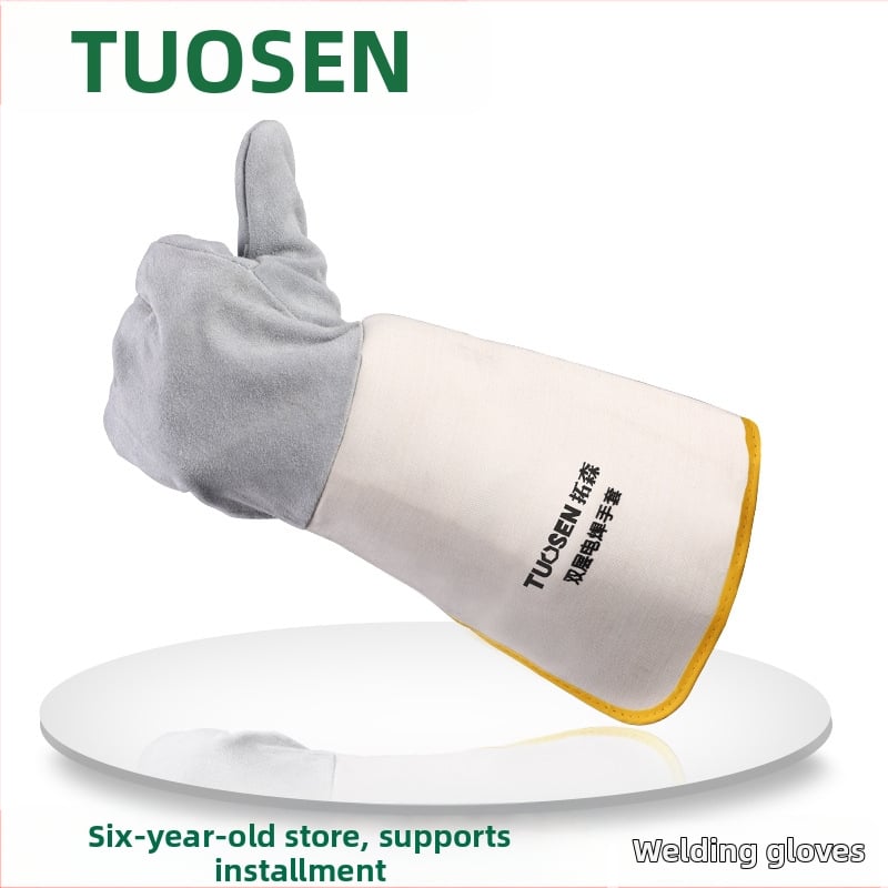 Suvirinimo pirštinės iš karvių odos, dviejų sluoksnių, pilnos odos, skirtos pjovimui ir suvirinimui, svoris 160–260 g, kilmė Linyi