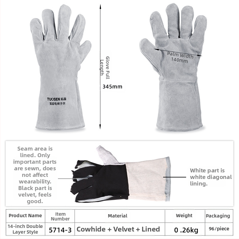 Suvirinimo pirštinės iš karvių odos, dviejų sluoksnių, pilnos odos, skirtos pjovimui ir suvirinimui, svoris 160–260 g, kilmė Linyi