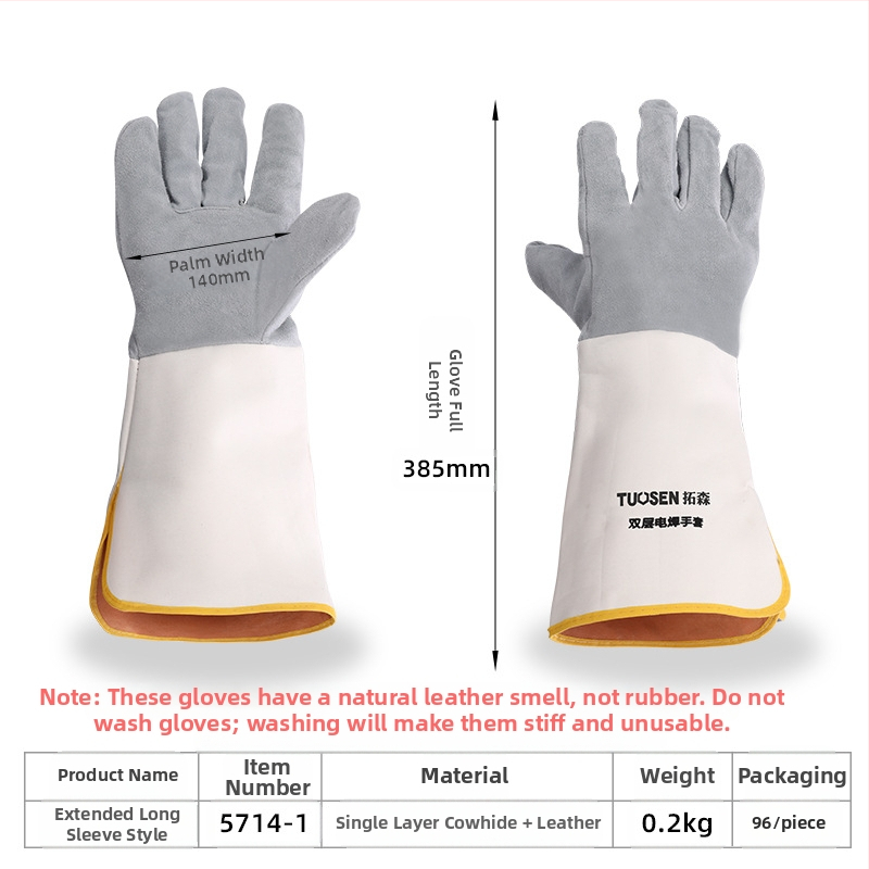 Suvirinimo pirštinės iš karvių odos, dviejų sluoksnių, pilnos odos, skirtos pjovimui ir suvirinimui, svoris 160–260 g, kilmė Linyi