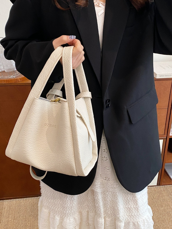 Geantă tip găleată, material PU, curea simplă, închidere cu fermoar, căptușeală poliester