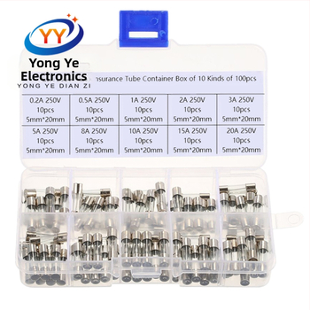 YONGYE стъклен предпазител, 0,2A–20A, смесен комплект, 100 броя