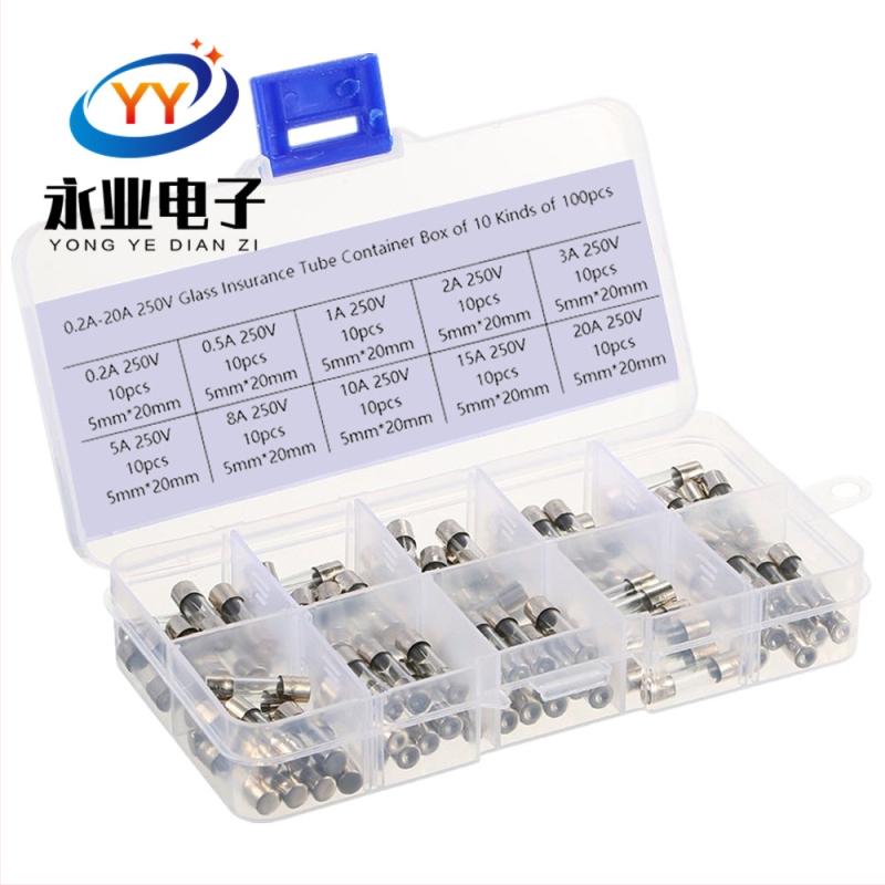 YONGYE стъклен предпазител, 0,2A–20A, смесен комплект, 100 броя