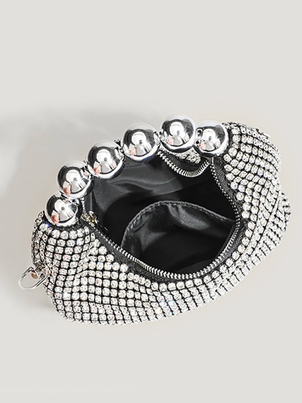 Női estélyi táska gyöngyökkel és strasszokkal, hengeres alakú crossbody lánccal