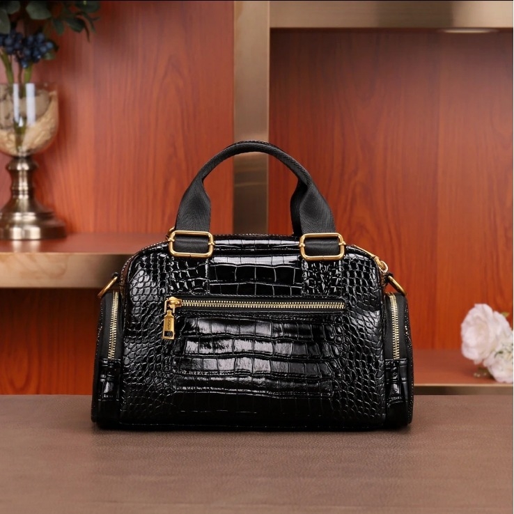 Modale Geantă de mână din piele naturală, stil messenger, capacitate mare, textură din piele de vițel compozită, fermoar