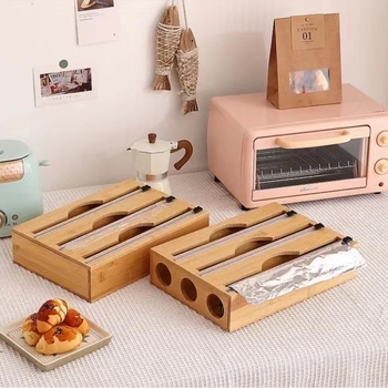 Μπαμπού Κουτί Αποθήκευσης Πλαστικής Μεμβράνης, Διαστάσεις 42×33×7 cm, Χωρητικότητα 45 L, Πολυλειτουργικός Οικιακός Οργανωτής Κουζίνας